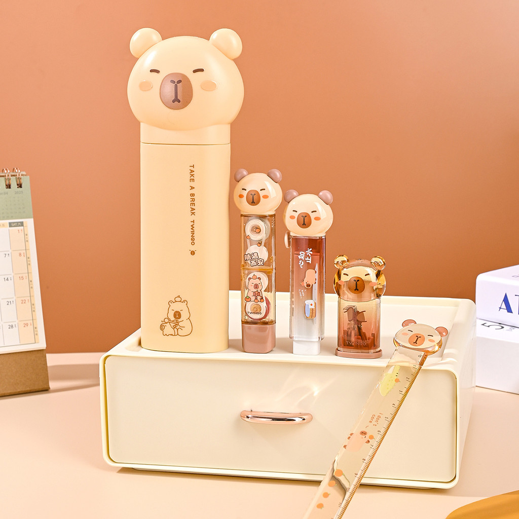 

1 capybara stationery assortment set, (1 each of 'ruler, correction tape, eraser, pencil sharpener, pencil case)') portable set