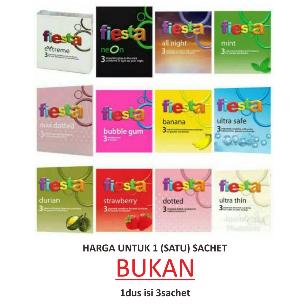 [ ECER PER 1 SACHET ] Kondom Fiesta Ultrathin Safe Delay Max Dotted Bubble Gum Banana Grape Durian S