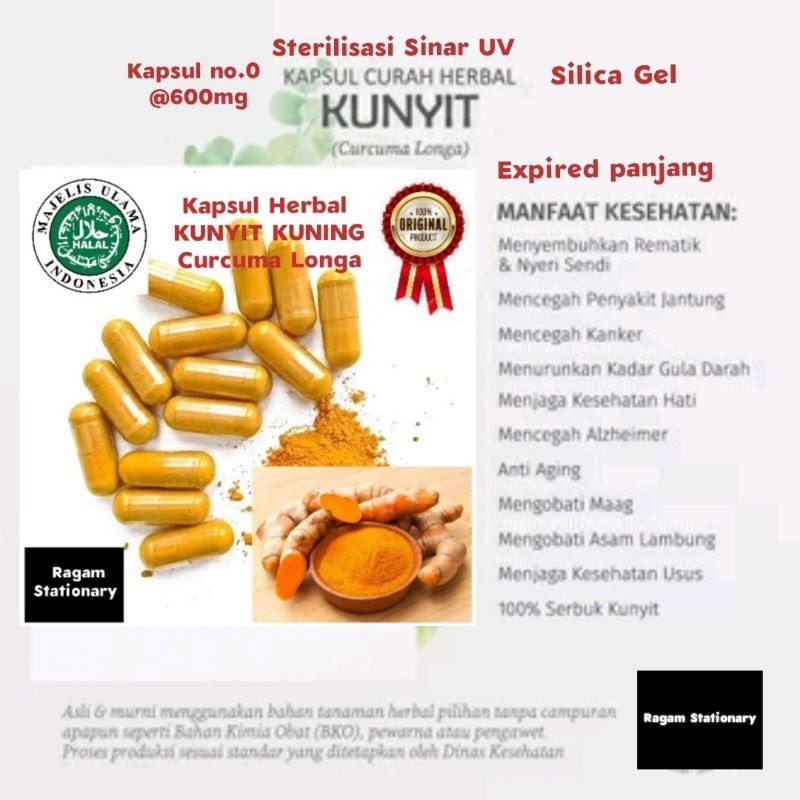 Kapsul bubuk Kunir Kunyit Kuning herbal jamu obat curah 100 butir KTM HERBAL