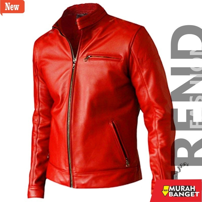 jaket kulit pria garut Jaket Pria Merah Keren PU Leather / Jaket Motor Merah Kulit Sintetis