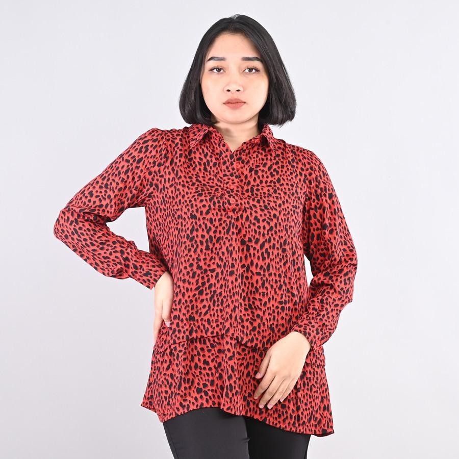 Blanka Baju Blouse Wanita Lengan Panjang Double Layer Motif Macan