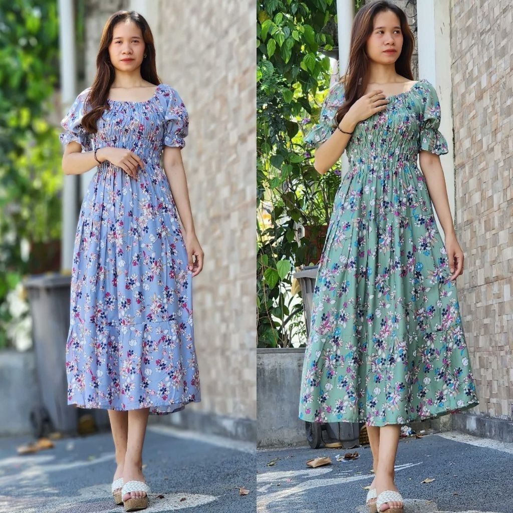 LINFORD - ZPF DRESS BALI MOTIF FLOWER WANITA TAYA / Long Dress Canda Double Ruffle / Pakaian Wanita 