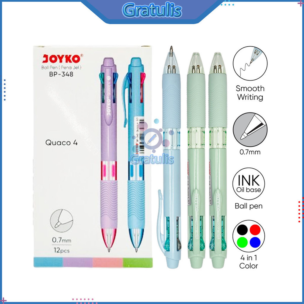 

BALLPOINT PULPEN JOYKO QUACO 4 BP-348 (1 PACK/12 PCS) / BOLPEN 4 WARNA / BALLPOINT TINTA WARNA WARNI / PENA 07 MM