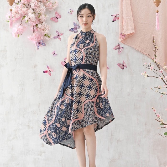 Dress Batik Wanita Modern / Dres Pesta Kondangan Couple Pink Navy - Standar