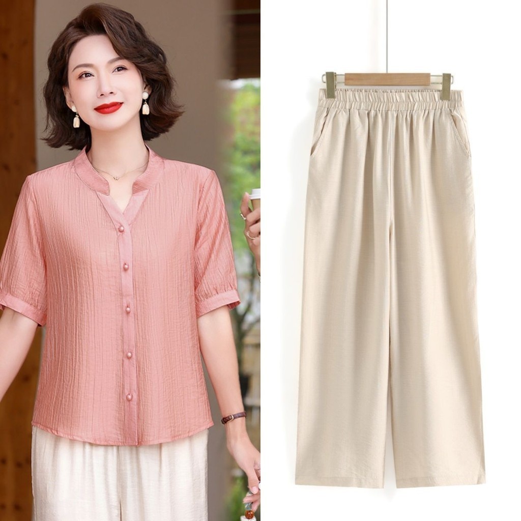 Kemeja setelan musim panas kemeja lengan pendek atasan lengan pendek kemeja ibu setengah baya celana