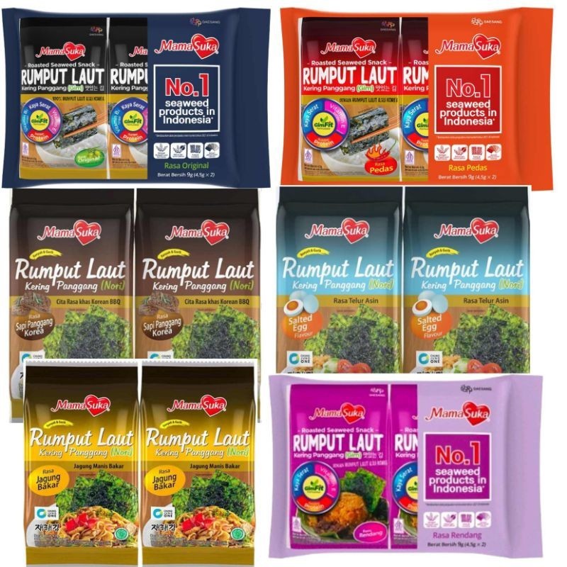 

MAMASUKA Rumput Laut Kering Nori 2x4gr Barbeque Rendang Salted Egg Sapi Jagung Bakar Panggang Spicy Original