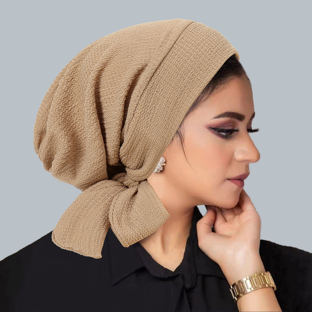 

Ramadan Solid Color Crinkle Turban Hijab Hats Long Tail Head Wraps Elastic Muslim Hats Breathable Chemo Cap For Women Girls
