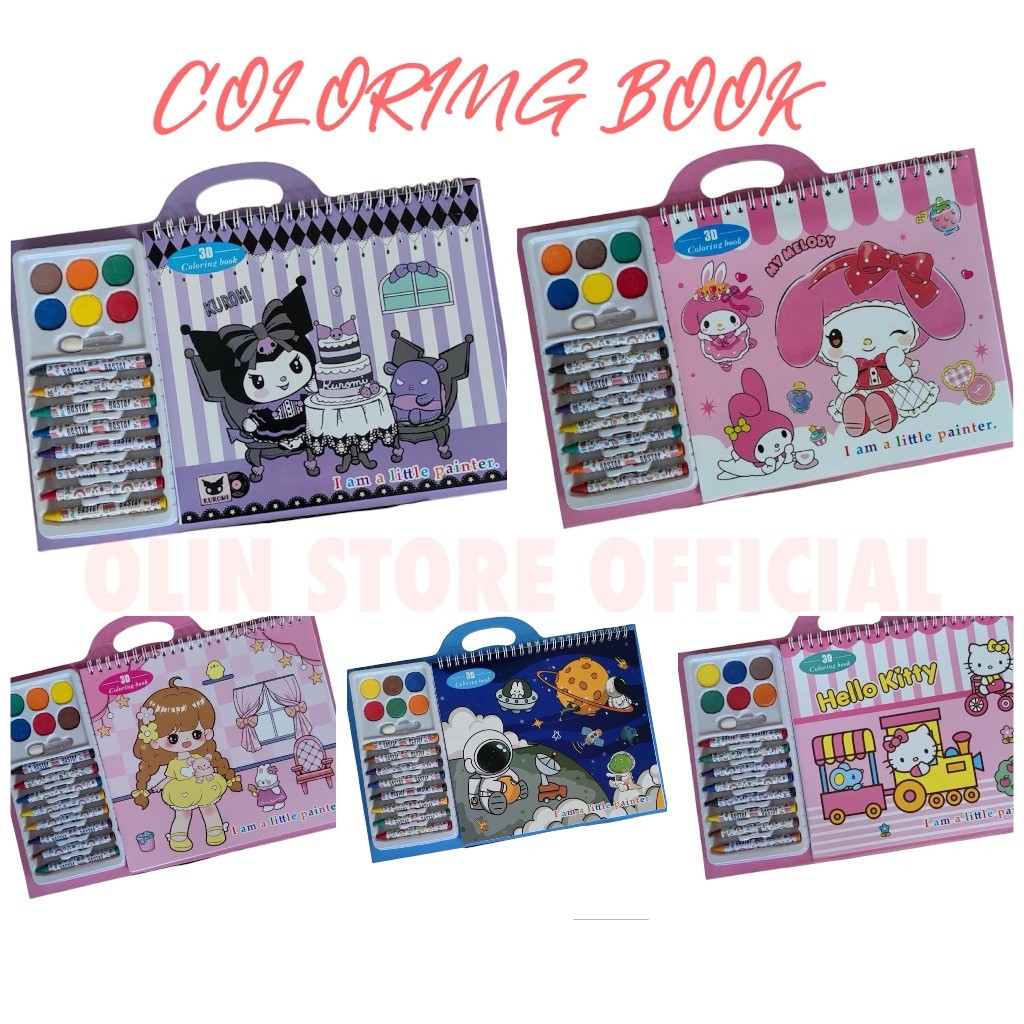 

[RF] Buku Gambar Mewarnai Karakter Sanrio Kuromi Melody Hello Kitty Coloring Book 3D Set Crayon Belajar Melukis Menggambar Buku