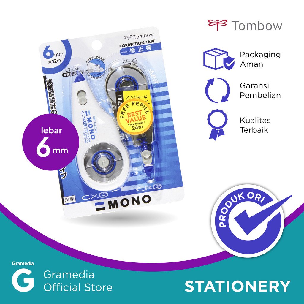 

CORRECTION TAPE TOMBOW (CT-CX6CR6) + FREE REFILL - BIRU