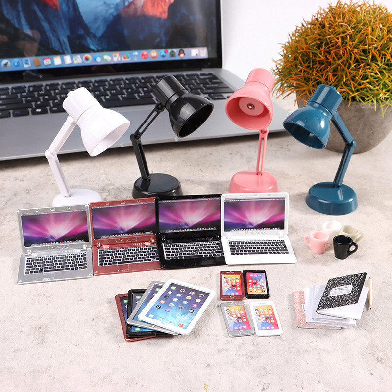 

1:12 Dollhouse Miniature Laptop Phone Tablet Desk Lamp Pencil Book Cup Desk Set Model Home Decor Toy Doll House Accessories