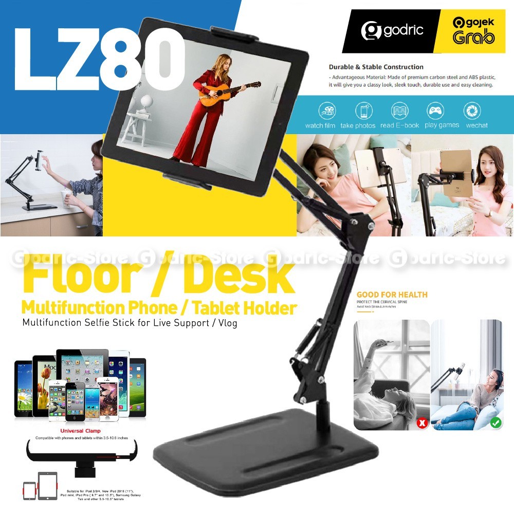 LZ80 Lazypod Besi Stand Metal for Smartphone HP / Tablet Ipad Holder 10.5" (Kasur / Meja / Lantai)