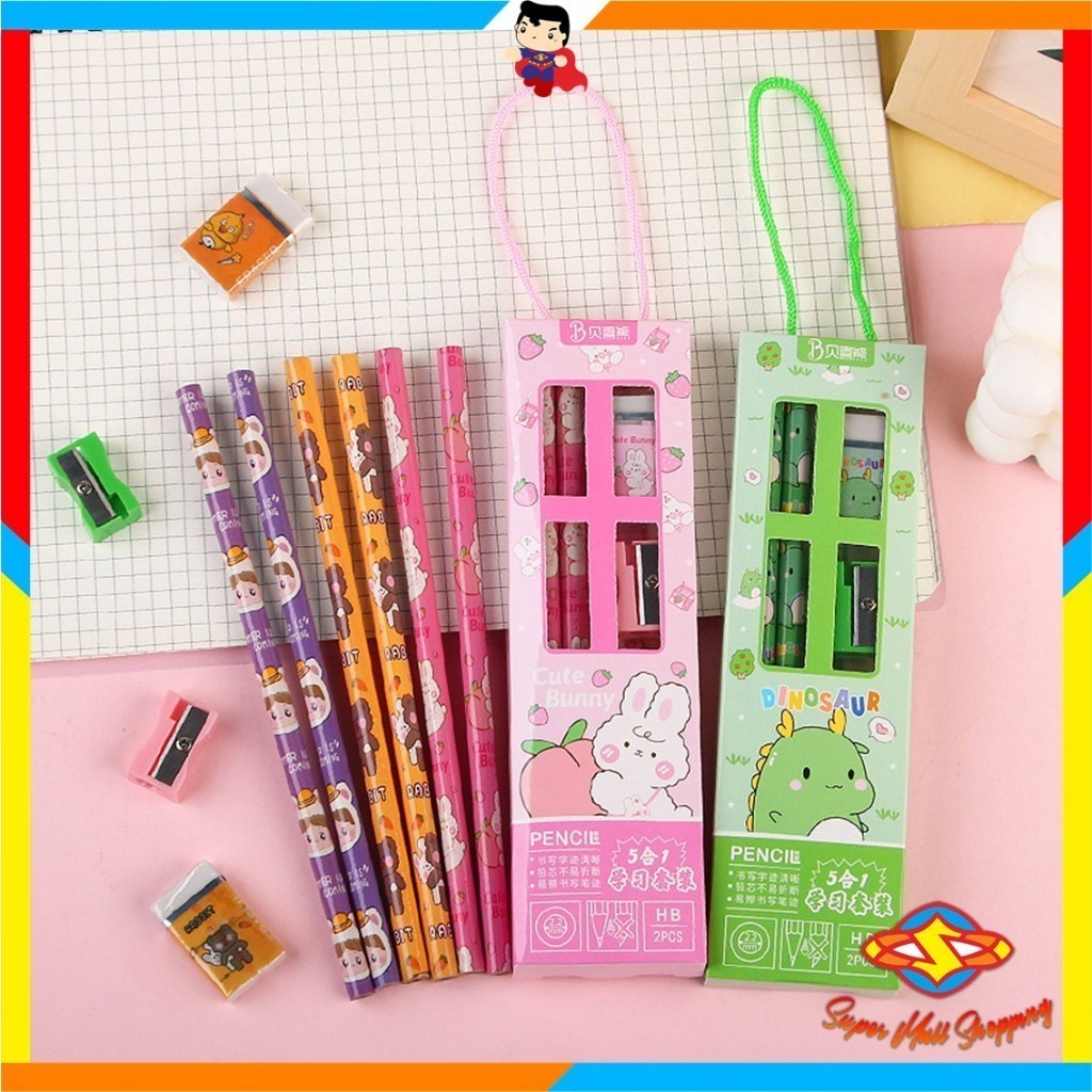 

SMS Stationery Set 5 in 1 Alat Tulis Anak Sekolah Penghapus penggaris Pensil Serutan Karakter Lucu Set Alat Tulis Anak Motif Kartun