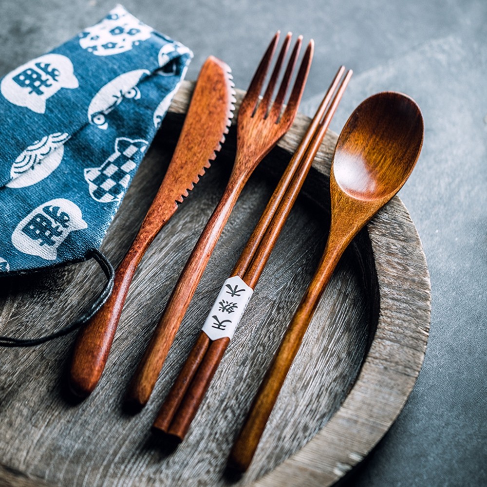 

Wooden Spoon Fork Knife Chopsticks Cutlery Set Reusable Flatware Kitchen Tableware Utensil Household Office Camping Traveling