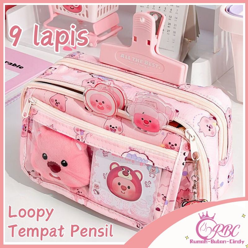 

【Penjual Lokal】LOOPY Tempat pensil kartun Tas alat tulis berkapasitas besar kotak pensil aesthetic Dengan boneka Bros dan tempat kerta