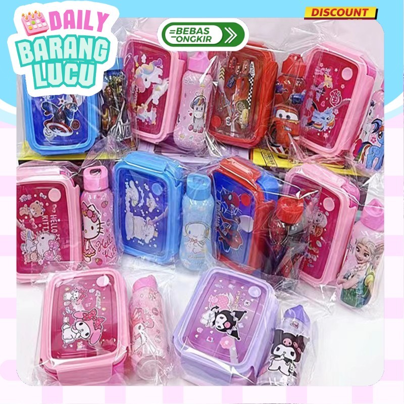 Set Kotak Tempat Bekal Makan Botol Minum Anak Perempuan Laki Laki Kuromi Melody Spiderman Lunch Box