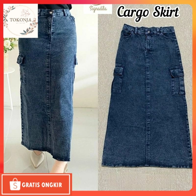 Rok Terkini / Rok Cargo Jeans Korean Style - Rok Cargo Jeans 7/8 Wanita Model A-Line Terbaru