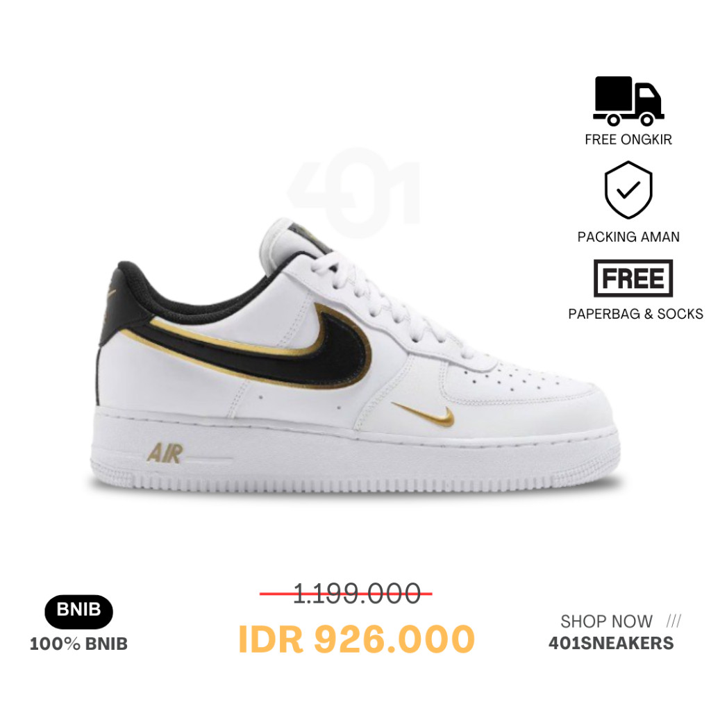Sepatu Nike Air Force 1 Low Lv 8 White Black Gold Authentic 100% BNIB