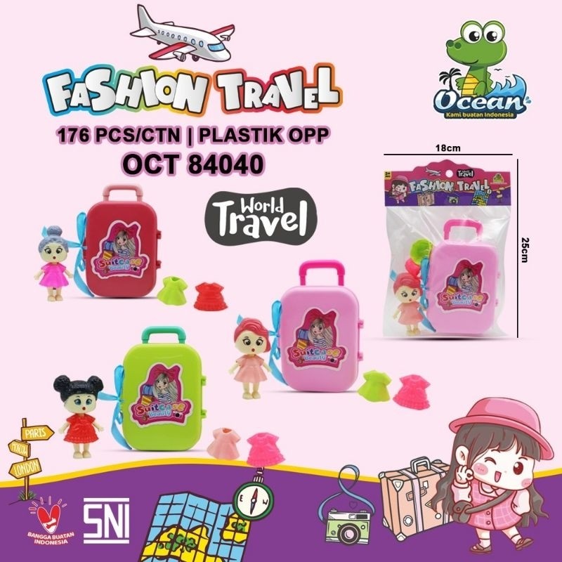 MAINAN ANAK PEREMPUAN FASHION TRAVEL MINI KOPER KEMASAN KANTONG ADA BONEKA DAN BAJU GANTI MAINAN TAS