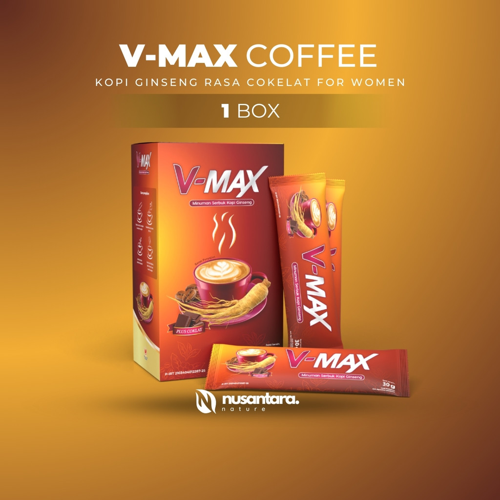 

V-MAX Coffee Minuman Serbuk Kopi Ginseng Stamina Tahan Lama Rasa Cokelat For Women Kemasan 1 Box