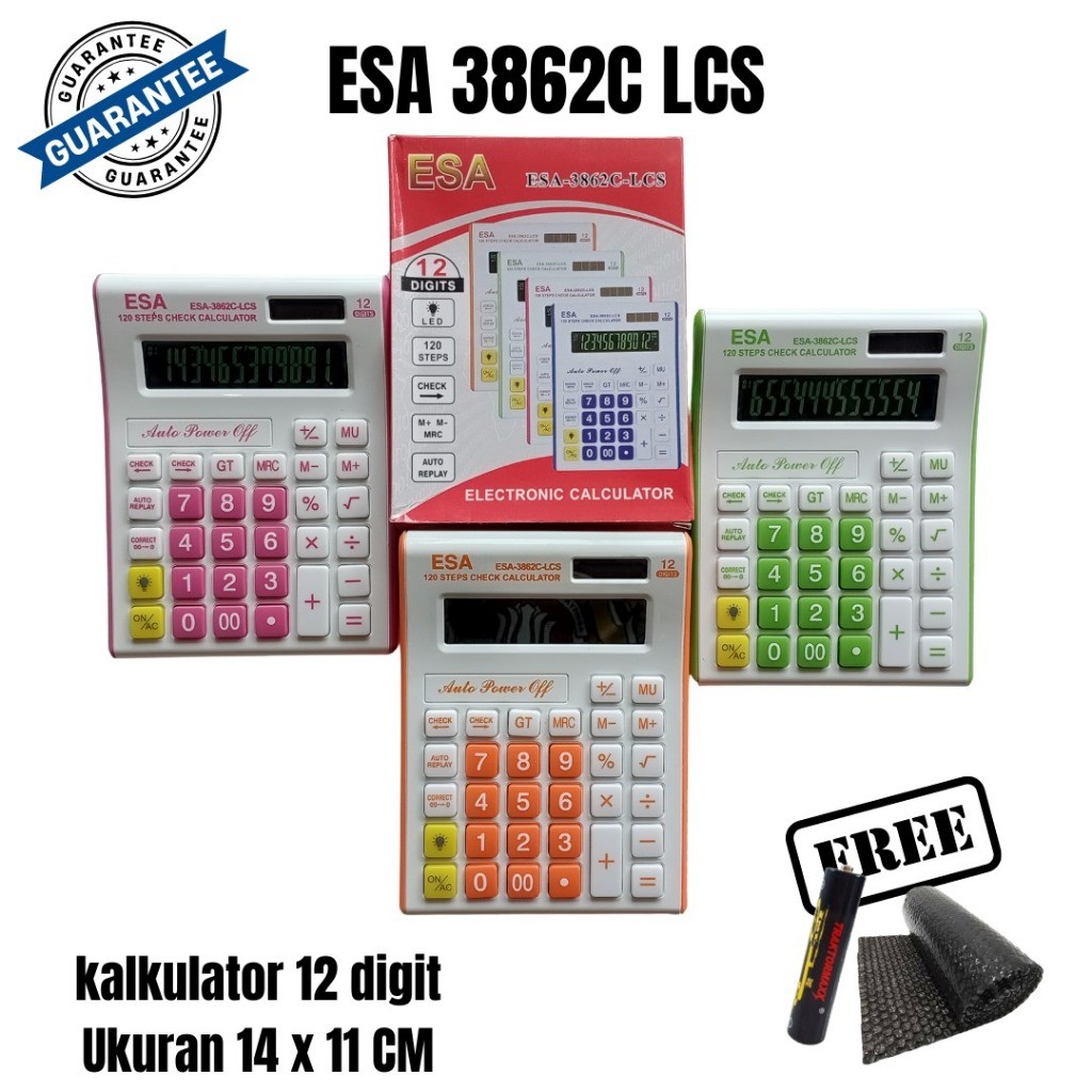 

Kalkulator ESA 3862C LCS Ukuran Sedang Sekolah dan Kasir Toko 12 Digit Check Replay Dual Power