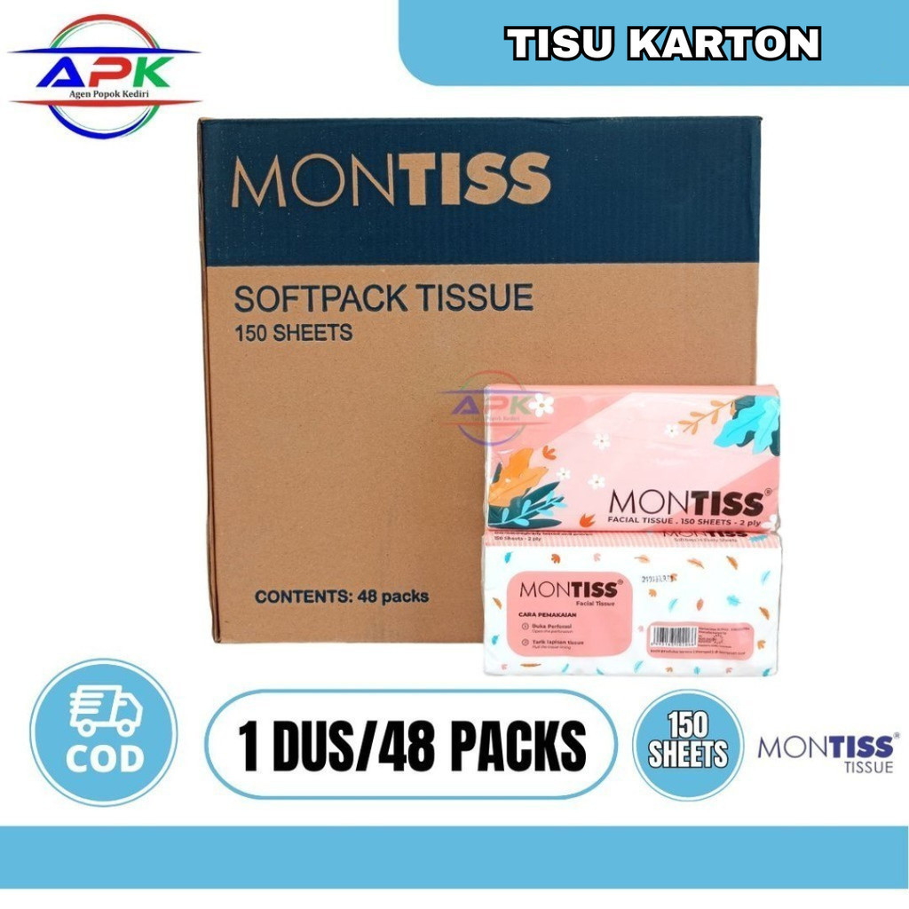 Montiss Facial Tissue - Tisu Wajah Montiss 150 Sheets Lembar 2 ply PAKET 1 KARTON 48 PCS APK
