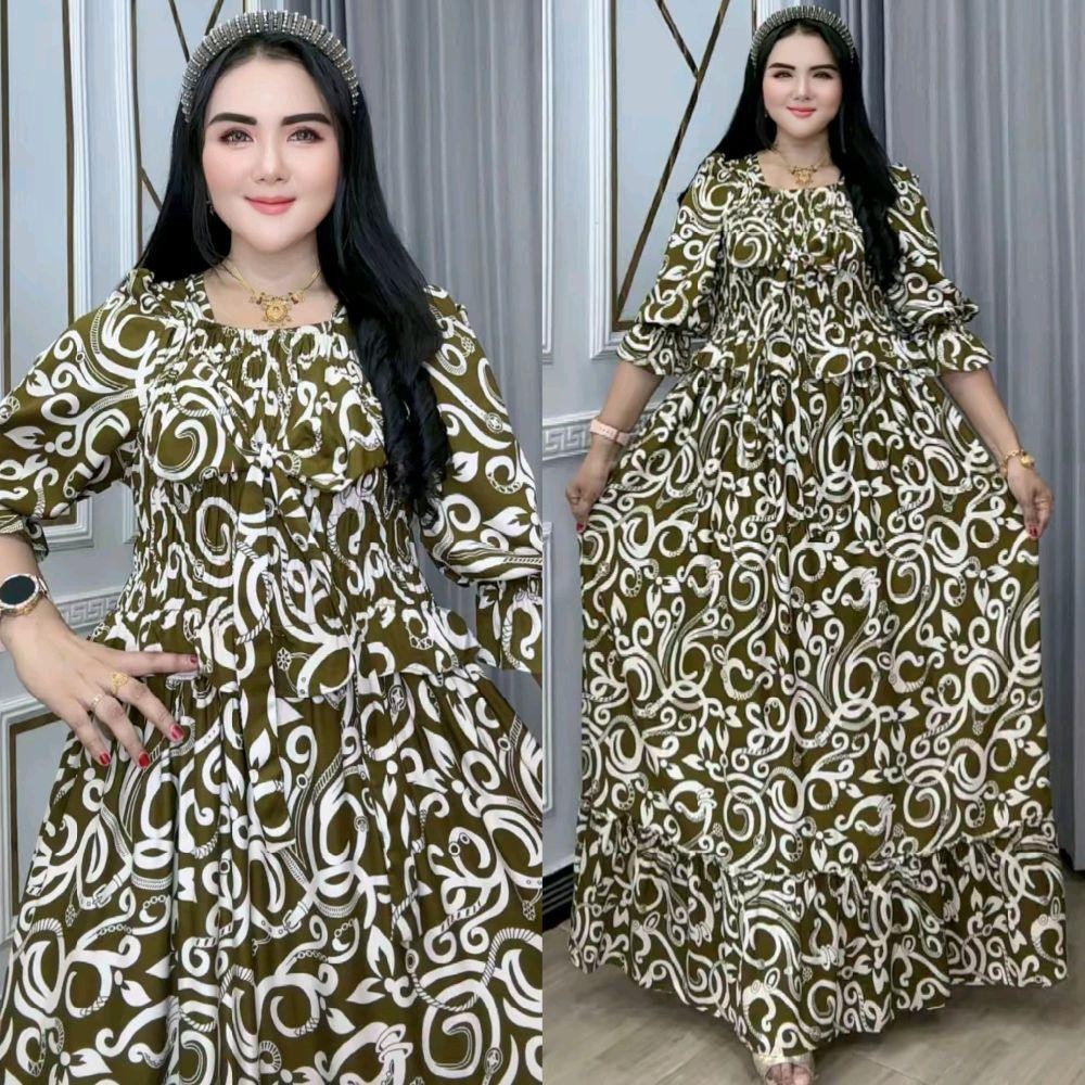 Baju Wanita Semok Pita Kamita Katun Rayon – Dress Lengan 7/8, Pita Dada, Bawah Rempel