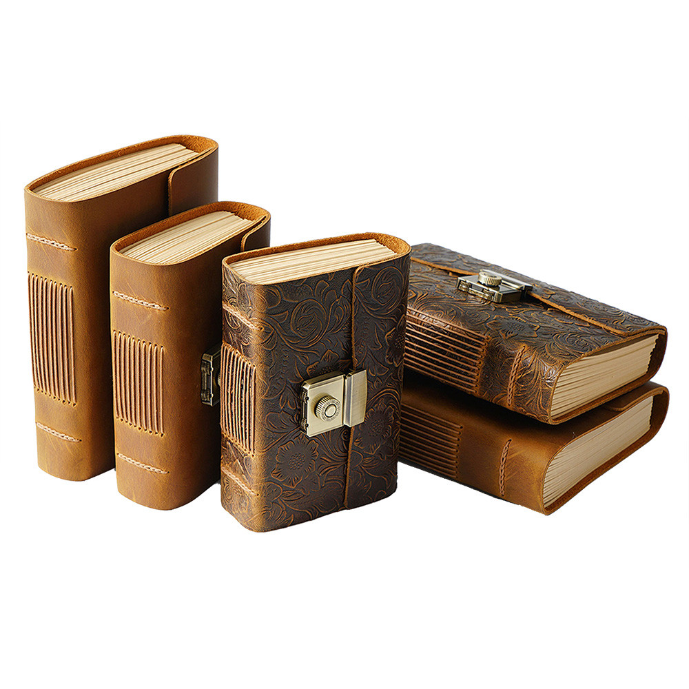 

A5/A6/A7 Password Journal Genuine Leather Cover 400 pages Thick Note Book Metal Lock Planner Handmade Retro Blank Kraft Paper