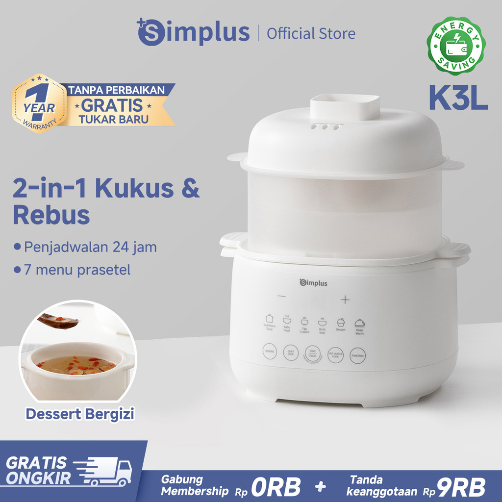 Simplus Slow Cooker Listrik 1L Panci Rebus dan Kukus dengan Menu Preset Cerdas untuk MPASI Bubur Bay