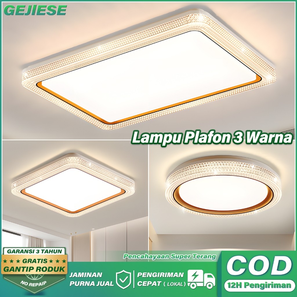 GEJIESE Lampu Plafon Kristal  Persegi Bulat Lampu Gantung Ruang Tamur 3 Warna 36/48 W LED Lampu Hias