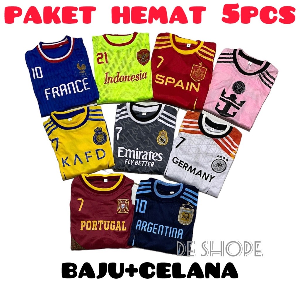 PAKET ISI 5 PCS Setelan dan atasan baju bola anak / dewasa termurah 1 sampai 14 tahun kaos atasan de