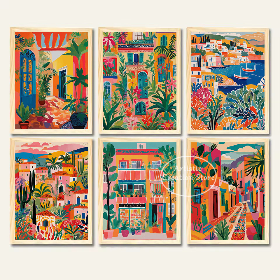 

Abstract Morocco Colorful House Architecture Plants Cityscape Illustration Poster Canvas Painting Wall Art Picture Home Decor