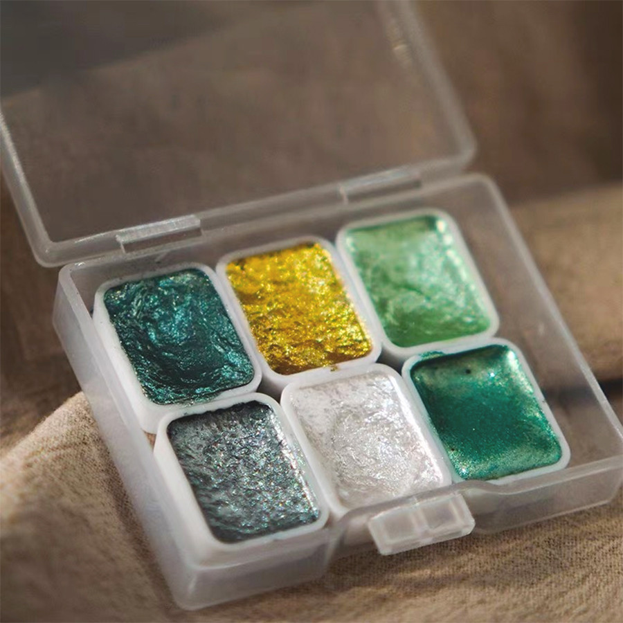 

Solid Watercolor Set - 6 green colors glitter colors, glitter effects, long-lasting pigments, suitable for mixing art painting