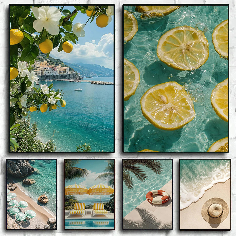 

Italian Lemon Orange Seaside Beach Waves Scenery Swimming Pool Landscape Poster Canvas Painting Wall Art Pictures Home Decor