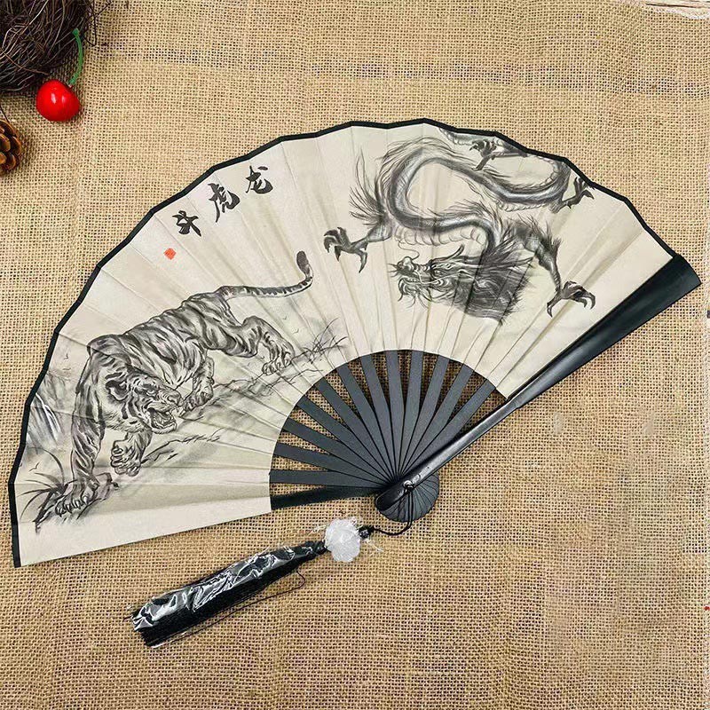 

Retro Dragon Folding Fan National Style Man Woman Hanfu Retro Portable Durable Double-sided Pattern Silk Cloth Fan 8 Inch
