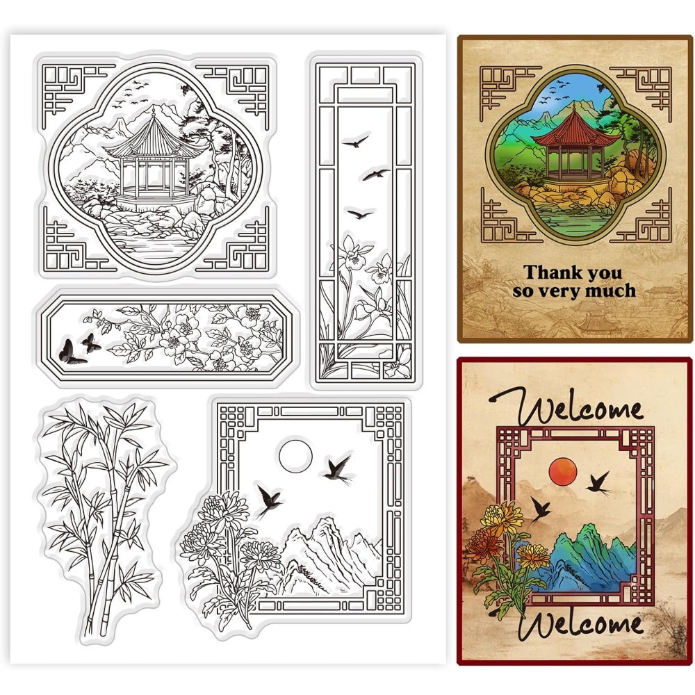 

Courtyard Landscape Clear Stamps Chinese Bamboo Japanese Chrysanthemum Silicone Clear Stamp Seals Transparent Stamps for DIY