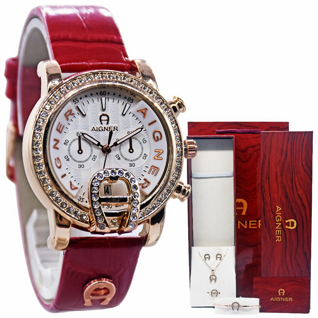 TERLARIS Fashion Jam Tangan Wanita AIGNER 0518 Kulit Set FREE TAS