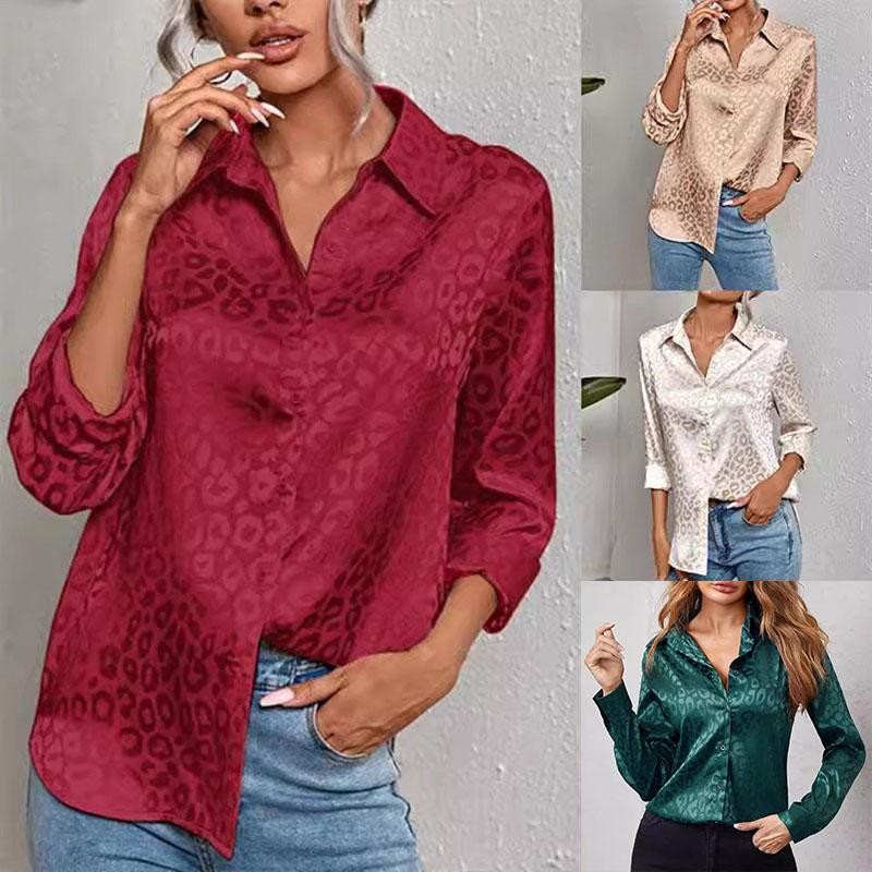 feminafashion#99029 Blus Motif Macan Tutul untuk Wanita Satin Imitasi Sutra Lengan Panjang Kemeja At