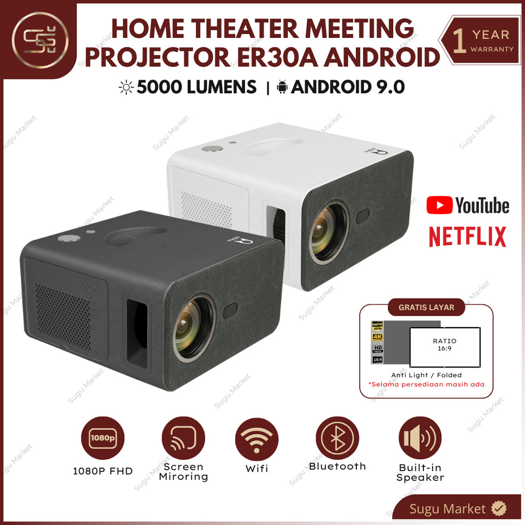 Aera Proyektor Android ER30A 5000 Lumens Proyektor Mini Portable  Full HD 1080P Support 4K Terang da