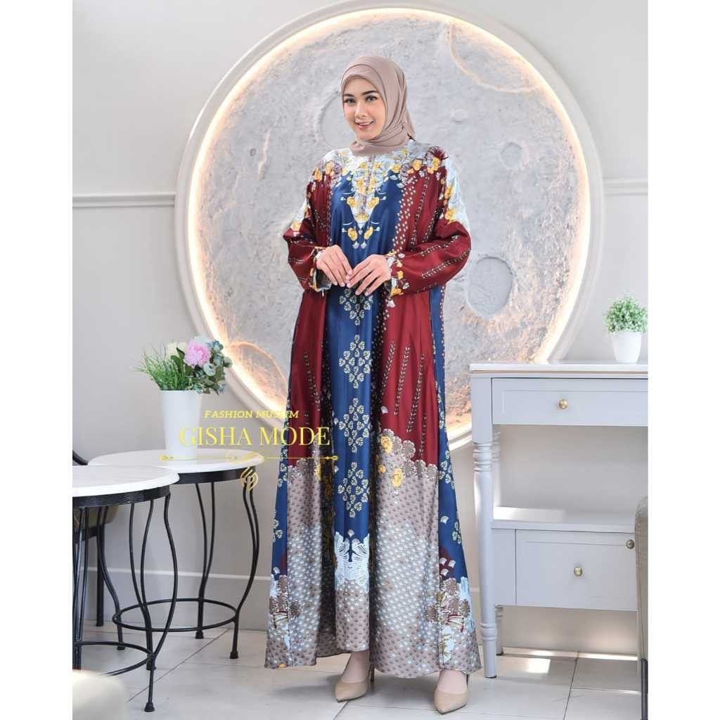Gisha Collection-MEDINNA Gamis Abaya Bahan Silk Premium |Gamis Motif Jumbo Ld 130 cm Warna Navy,Crea