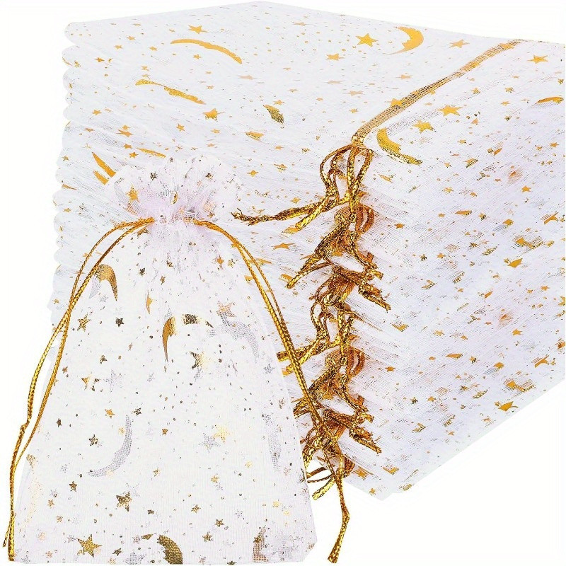 

50PCS White Moon Stars Drawstring Organza Bags Jewelry Gift Bags Pouches Gold Star Organza Favor Pouches for Wedding