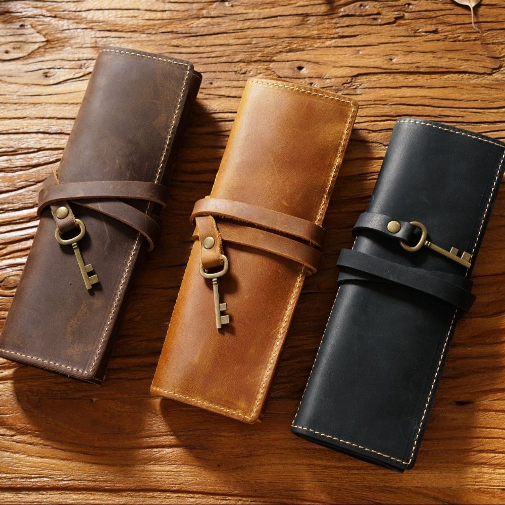 

Genuine Leather Genuine Leather Pencil Case Pens Bag Creative Foldable Leathe Pencil Bag Retro Tie Rope