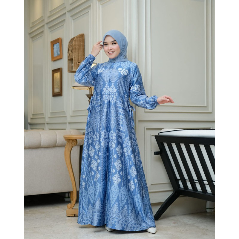 Tiara dress gamis silk motif lebaran bahan silk jumbo busui