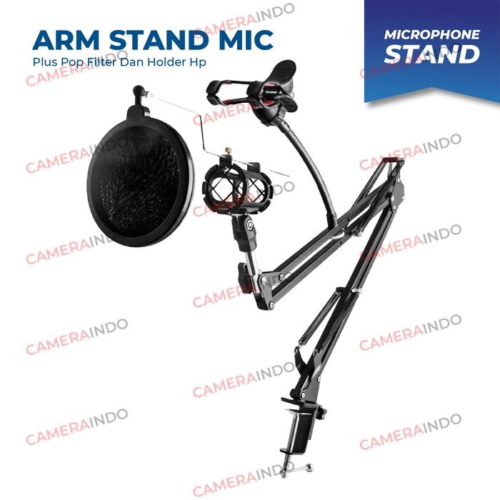 Arm stand Microphone plus pop filter dan holder hp - Arm stand Microphone