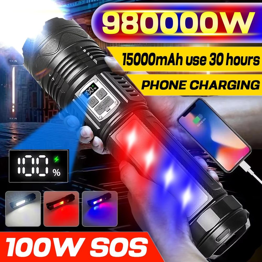 Dua Warna LED Senter Super Terang10000LM Tahan Berat USB Bisa Dicas Kembali Tahan Air PowerBank Caha