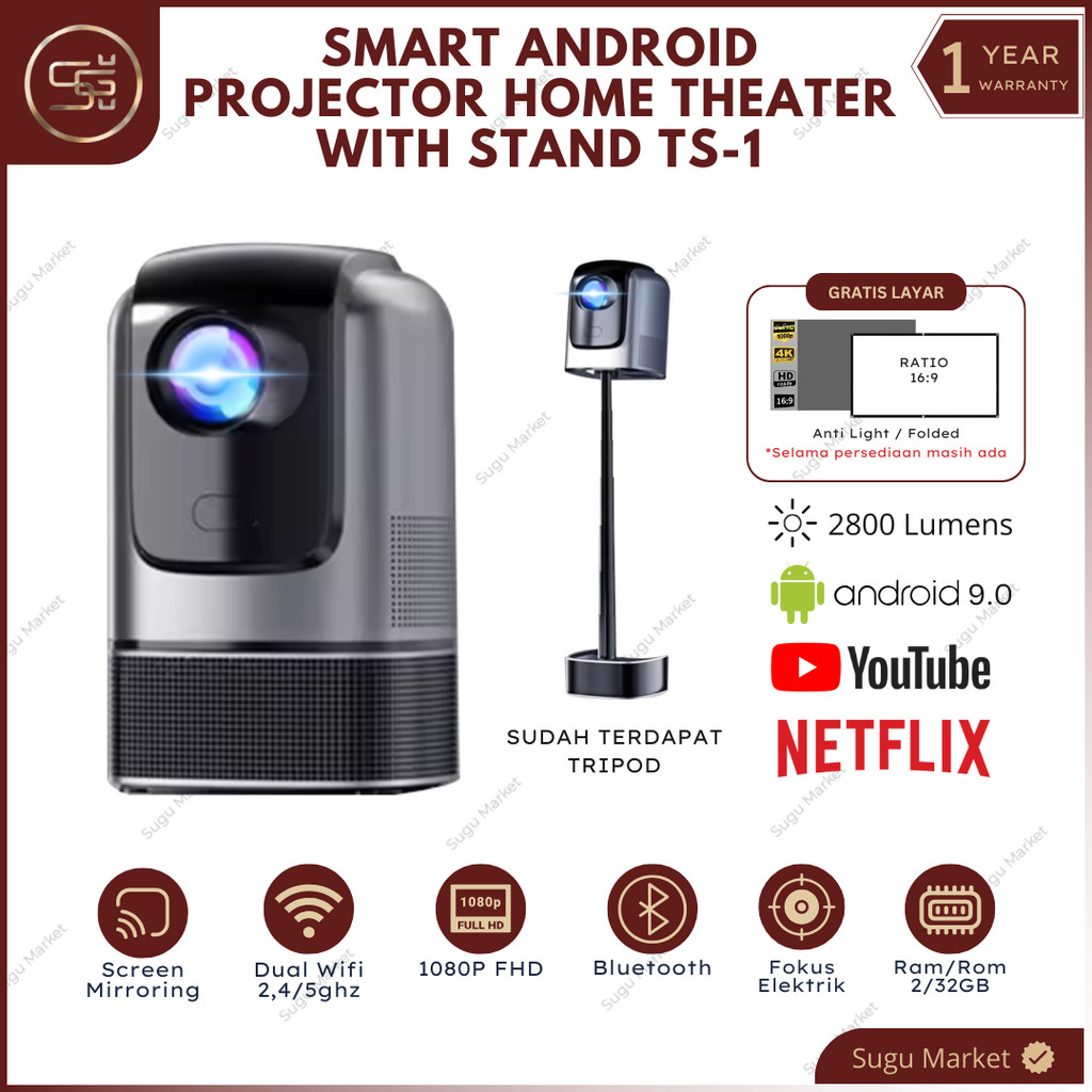 Aera Smart Proyektor Android TS-1 3000 Lumens Proyektor Mini Portable  Full HD 1080p Speaker HIFI 6 