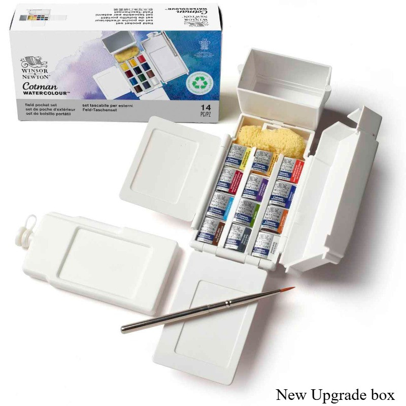 

13/14PCS Winsor & Newton Cotman Watercolor Paint Set, Field Pocket Set, 12 Half Pan with Brush, Sponge, Bottle Outdoor Drawing