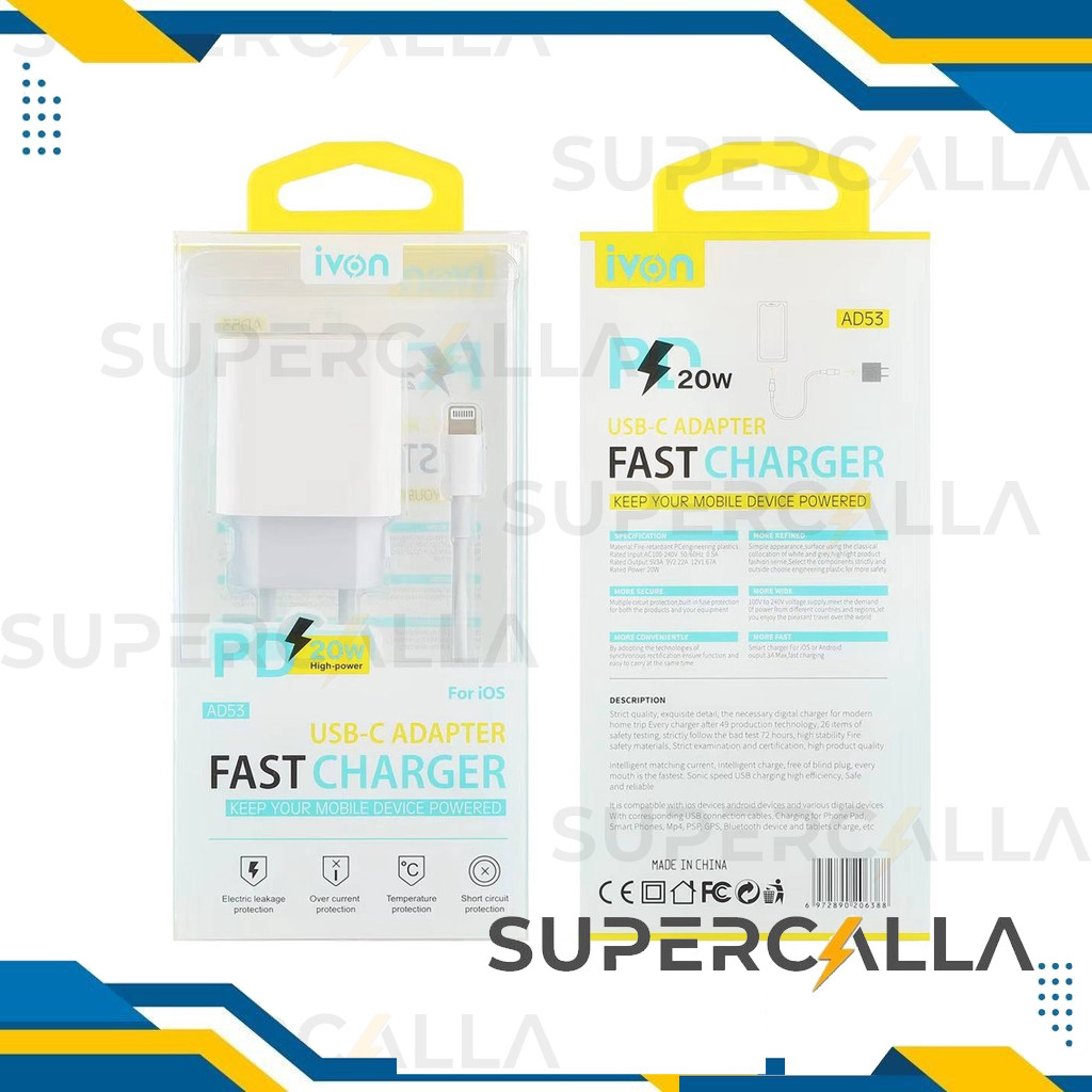 iVON 20W High-power USB-C ADAPTER FAST CHARGER Batok / Kepala dan Kabel Data For iPhone Micro Type-C