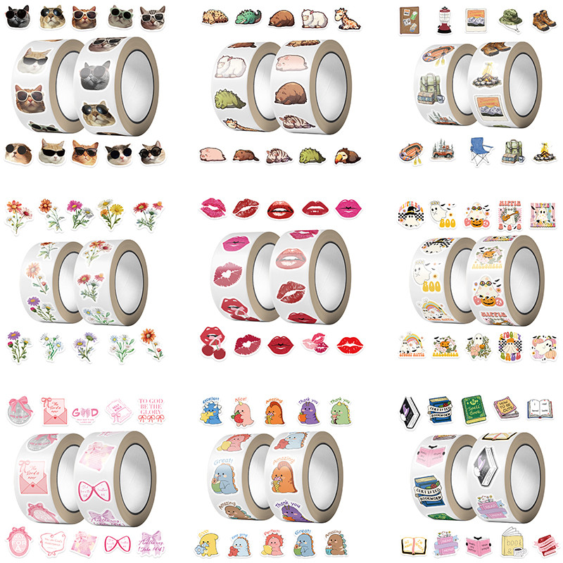 

500pcs Sleepy Animal Cat Head Ghost Dinosaur Bookish Daisy Lips Stickers Seal Label Decorative Sticker Roll Stickers