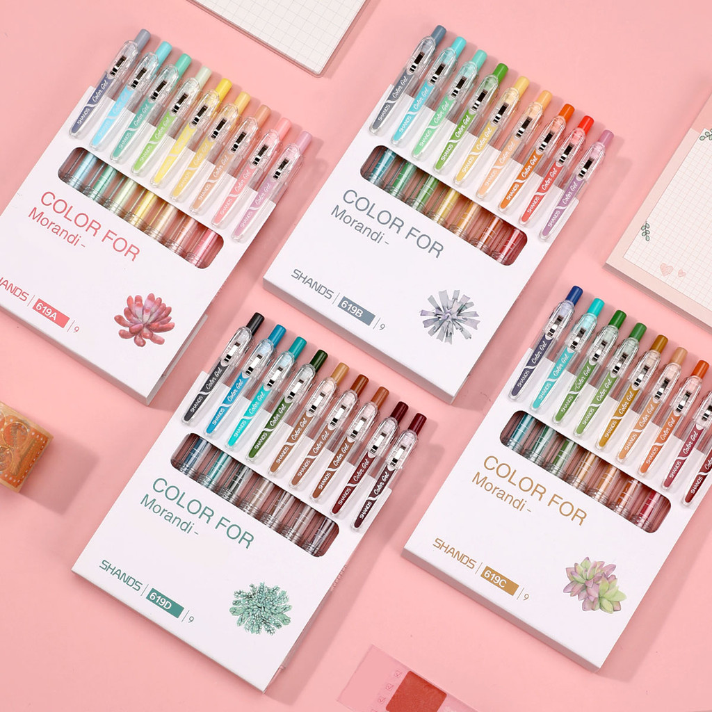 

9pcs Morandi color retractable gel pen set, 0.5mm bullet nib, 36 ink refills of various colors, smooth writing, suitable for stu