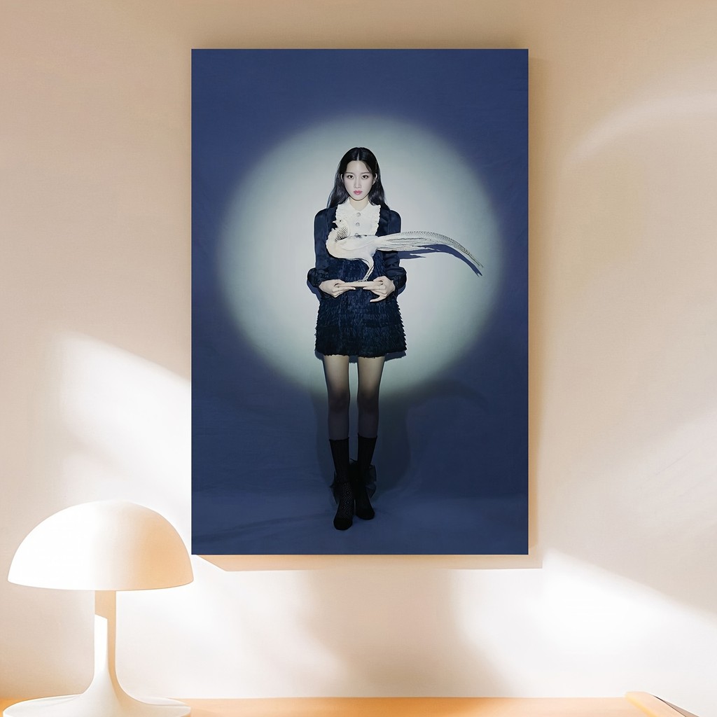 

1pc 12x18 Inch Frameless Canvas Art Poster - Elegant Moon G-Young Girlfriend Pose with White Cat, Blue Dress & Black Boots,